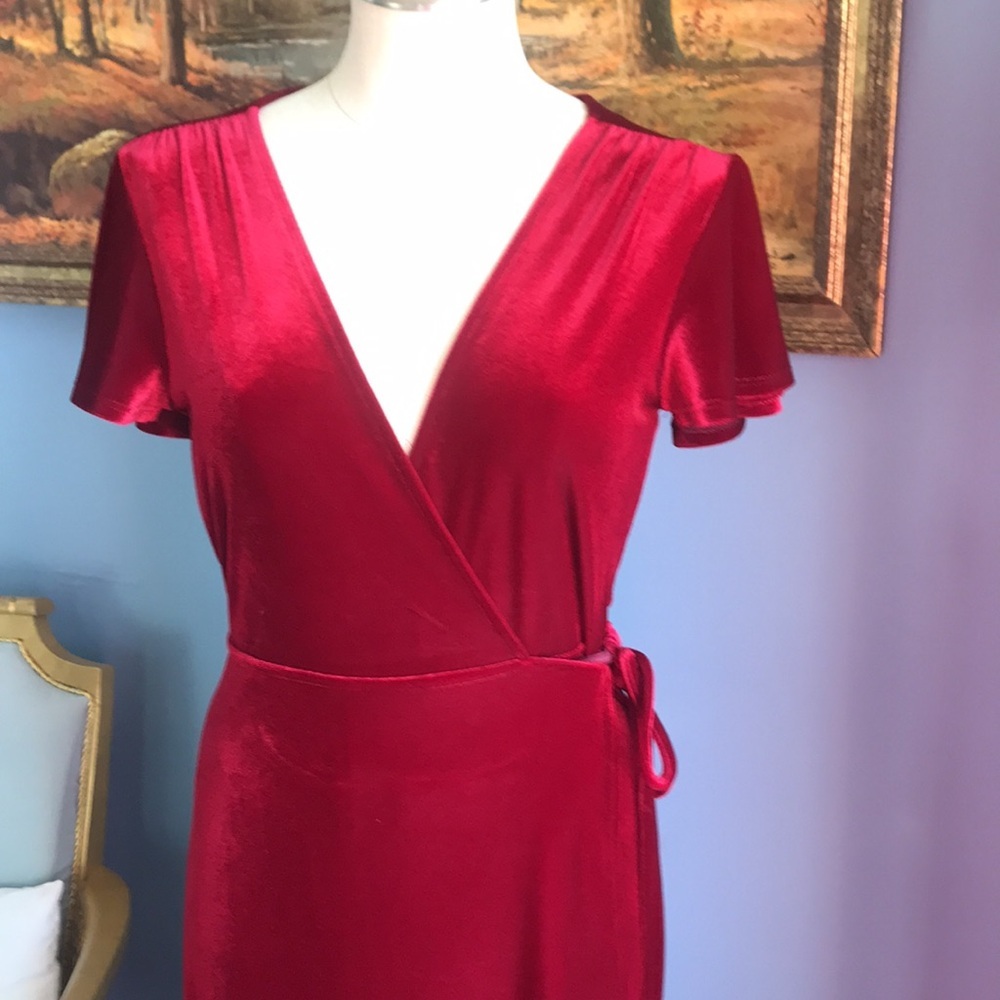 BHLDN red velvet short sleeves asymmetric wrap dress witchy goth fairy holidays - Picture 2 of 15